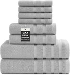 8-Piece Bath Towels Set, 100% Cotton Thick Soft Highly Absorbent Durable, Quick Dry, Bathroom Towels Set (2 Bath Towels, 2 Hand Towels, 4 Washcloths) - Perfect for Daily Use