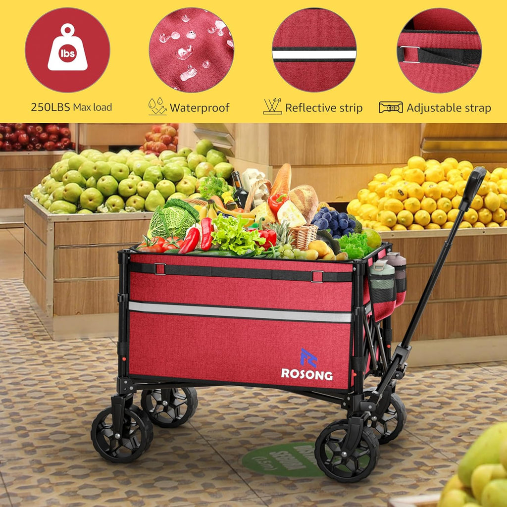 Collapsible Wagon Cart with Wheels Foldable - Folding Utility Heavy Duty Wagons Carts for Grocery Sports Garden Shopping Camping Wheelbarrows, Burgundy