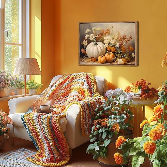 Framed Fall Pumpkin Canvas Wall Art - Farmhouse White & Orange Pumpkins Still Life Pictures Prints, Autumn Halloween Thanksgiving Wall Decor for Living Room Kitchen 12x16 inch