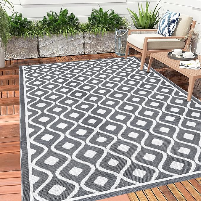 Pauwer Waterproof Outdoor Rug 6x9, Reversible Plastic Straw Patio Camping Rug, Indoor Outdoor RV Mat Carpet for Deck, Camper, Porch, Balcony, Backyard, Picnic, Geometric Grey