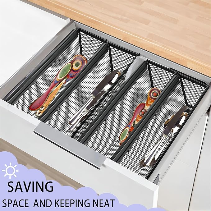2PCS Drawer Organizer, Mesh Drawer Organizer with Interlocking Arm for Utensil, Cosmetic, Flatware, Pen (12 * 3 * 2 Inches, Black)