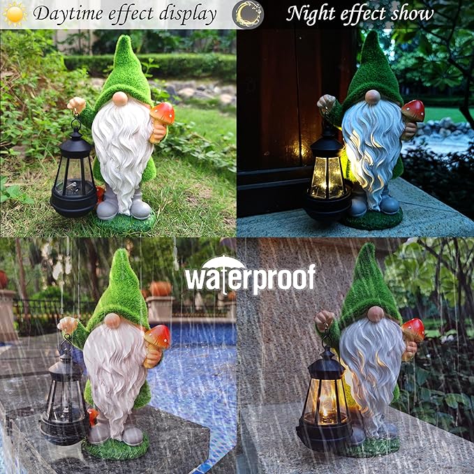 Solar Gnomes Garden Statues,Resin Gnome Figurine Holding Mushroom and Solar Lights Lantern,Outdoor Yard Art Decorations for Garden Patio Lawn