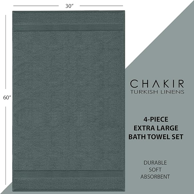 Chakir Turkish Linens | Hotel & Spa Quality 100% Cotton Luxury Turkish Towels | Soft & Absorbent (30x60 Inches Extra Large Bath Towels, Set of 4 - Dark Gray)