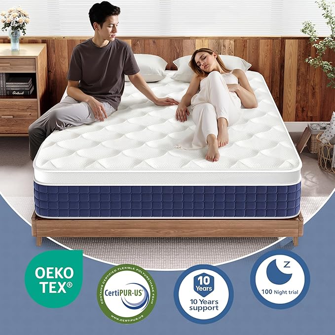 12Inch King Size Hybrid Mattress in a Box,Presser Relief & Motion Isolation Mattress, Memory Foam&Individually Wrapped Springs,CertiPUR-US Certified,Edge Support,365 Nights Trial