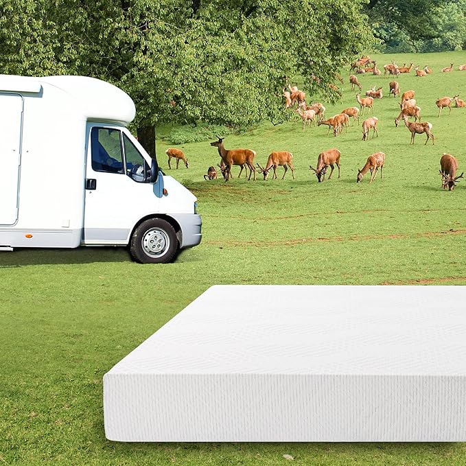 EGO White 10 Inch Short Queen Memory Foam RV Mattress, Cooling Gel Green Tea Mattress for RVs, Campers & Trailers, Bed in a Box, CertiPUR-US Certified, 60"x75", Medium Firm