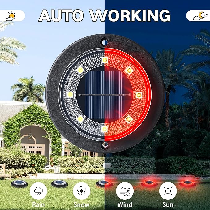 Flacchi Solar Ground Lights - Solar Powered Lights Outdoor Solar Disk Light Waterproof Landscape Light for Patio Yard Pathway Walkway Driveway (Red, 12 Pack)