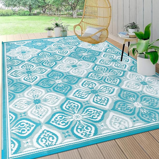 Pauwer Waterproof Outdoor Rug 9x12, Reversible Plastic Straw Patio Camping Rug, Indoor Outdoor RV Mat Carpet for Deck, Camper, Porch, Balcony, Backyard, Picnic, Clover Teal