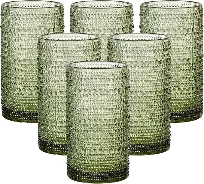 16oz Hobnail Drinking Glasses Set of 6, Vintage Large Capacity Embossed Green Tumblers, Highball Glasses for Water, Cocktail, Beer, Whiskey, Juice & Bar Use