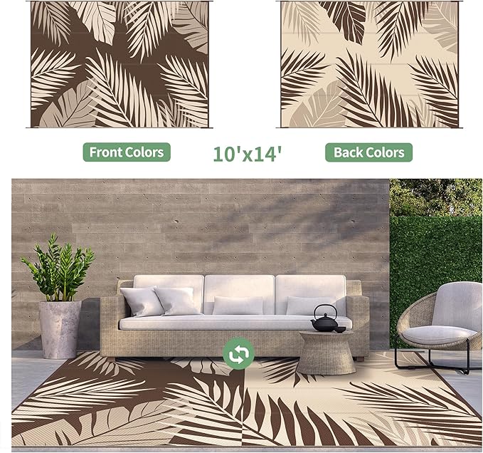 GENIMO Outdoor Rug 10' x 14' Waterproof for Patios Clearance, Reversible Outdoor Plastic Straw Camping Rug Carpet, Large Area Rugs Mats for RV, Camper, Deck, Balcony, Porch, Beach, Coffee&Beige