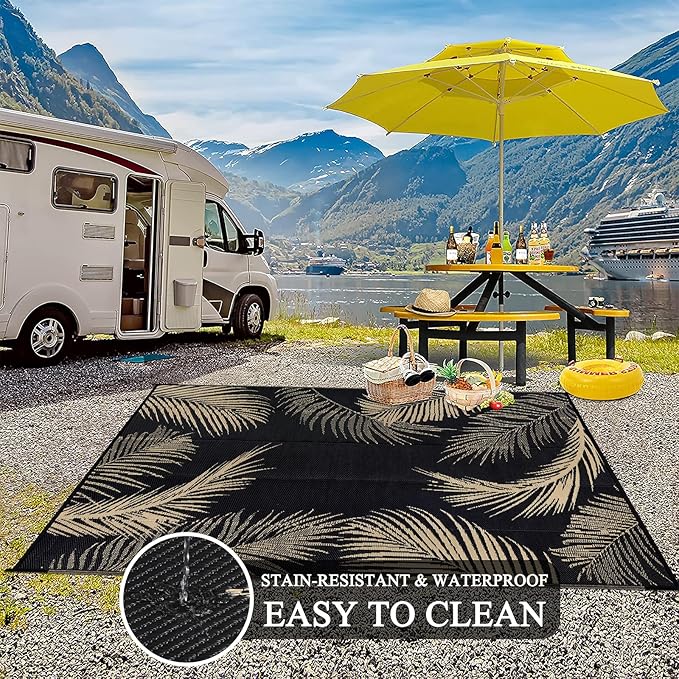 Pauwer Waterproof Outdoor Rug 6x9, Reversible Plastic Straw Patio Camping Rug, Indoor Outdoor RV Mat Carpet for Deck, Camper, Porch, Balcony, Backyard, Picnic, Leaf Black Brown