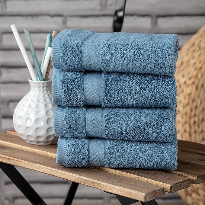 TEXTILOM 100% Turkish Cotton 4 Piece Luxury Washcloth Towel Set for Bathroom & Kitchen, Thick & Super Soft & Highly Absorbent & Quick Dry for Face and Hand- Mid Blue