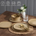 E-far Stoneware Dinnerware Sets, 18-Pieces Modern Plates and Bowls Sets, Kitchen Dinning Porcelain Dishes Set for 6, Chip & Scratch Resistant, Dishwasher & Microwave Safe, Caramel Khaki