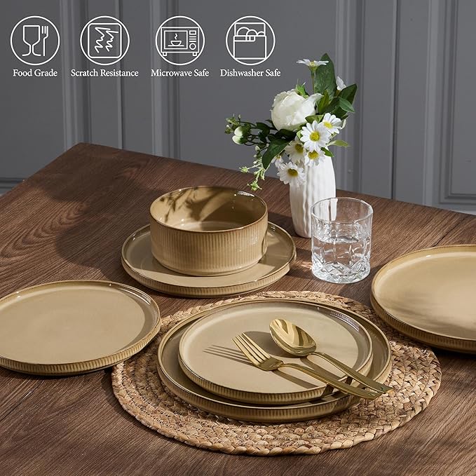 E-far Stoneware Dinnerware Sets, 18-Pieces Modern Plates and Bowls Sets, Kitchen Dinning Porcelain Dishes Set for 6, Chip & Scratch Resistant, Dishwasher & Microwave Safe, Caramel Khaki