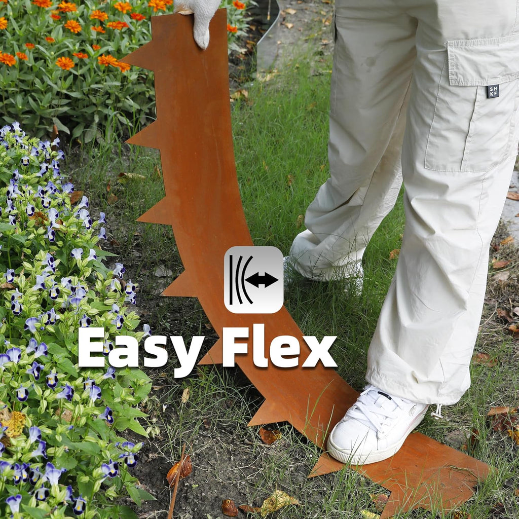 Solution4Patio 8-Pack Corten Steel Garden Landscape Edging with 9X Clips, 10" H Hammer-in Heavy Duty Bendable Metal Pre-Rusted Border Edging Strips for Lawn, Yard (26ft Total)