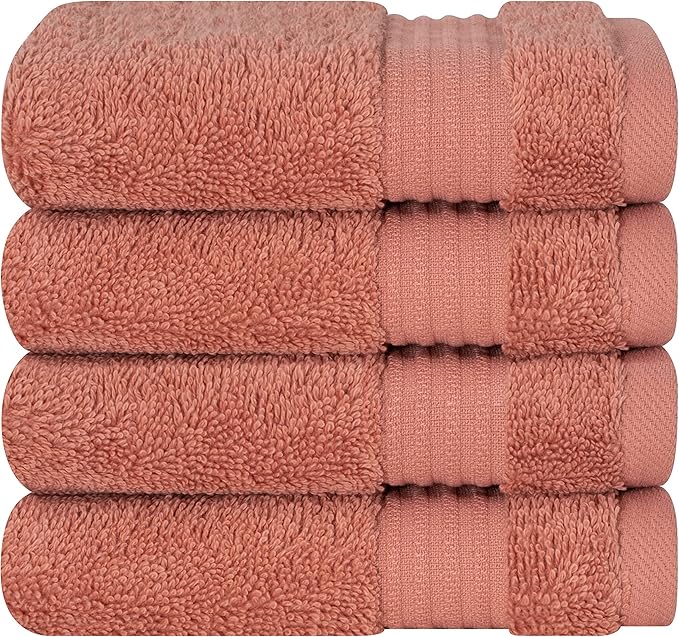 Cotton Paradise 100% Cotton Turkish Washcloth Set for Bathroom, 4 Piece Soft Absorbent Small Hand Face Towels Wash Rags, Coral