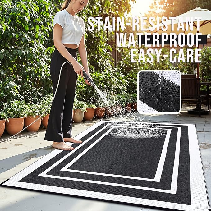 OLANLY Outdoor Rug 9x12 ft Waterproof, Reversible Outdoor Plastic Straw Rug, RV Mat, Indoor Outdoor Carpet Clearance for Patio, Camping, Balcony, Deck, Backyard, Black & White