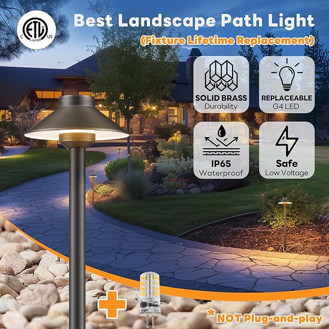 Low Voltage Landscape Lighting Brass - 12v Pathway Lights Waterproof, Hard Wired Path Light Outdoor, Mushroom Bronze for Exterior Area Patio with 3W 4000K Neutral White G4 Bulb (4 Pack)