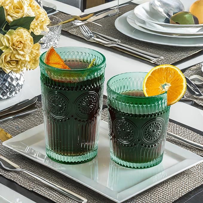 12pcs Vintage Drinking Glasses Set, 12 oz Highball Glasses & 9 oz Embossed Ribbed Glassware Cups for Cocktail, Water, Juice, Coffee, Whiskey (Atroviens)