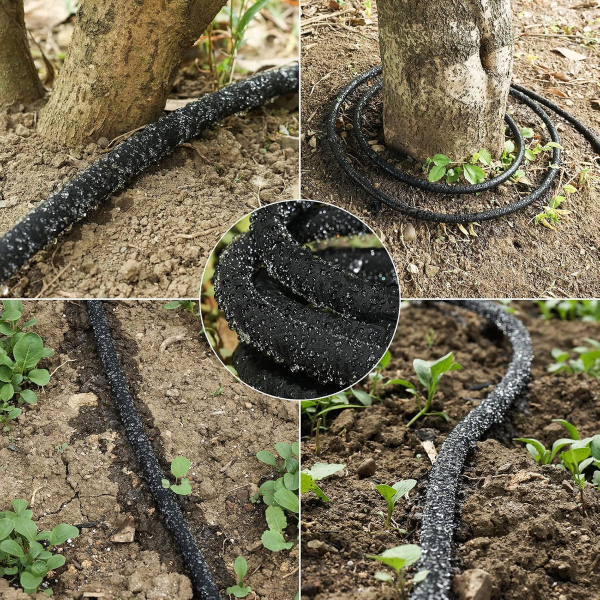Soaker Hose, 1/2" x 150FT Round-Rubber Garden Soaker Hose, Heavy Duty Water Seeper Soaker Hoses for Foundation Watering, Garden Beds, Garden, Lawn and Plants