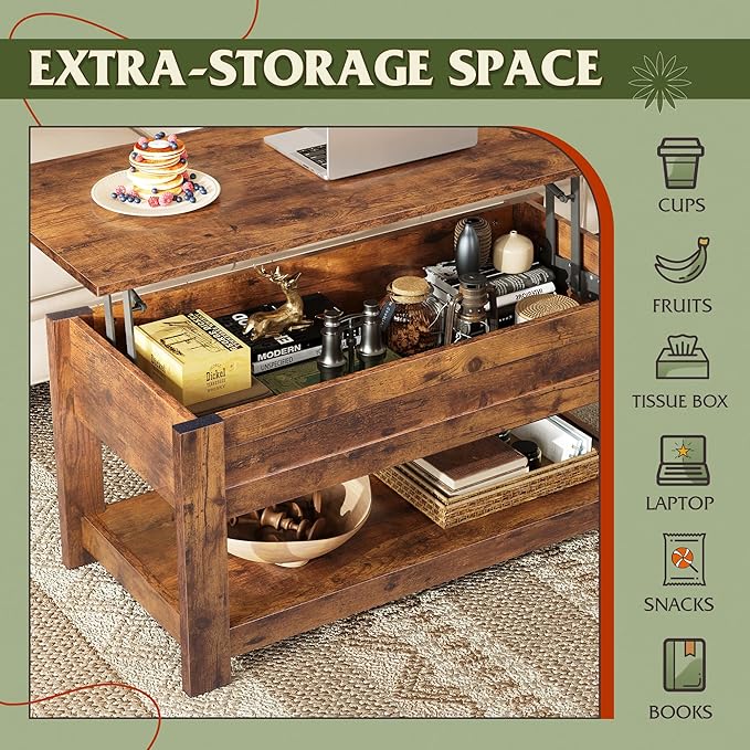 WLIVE Coffee Table, 39" Lift Top Coffee Table with Hidden Compartment and Storage Shelf for Living Room, Rustic Brown
