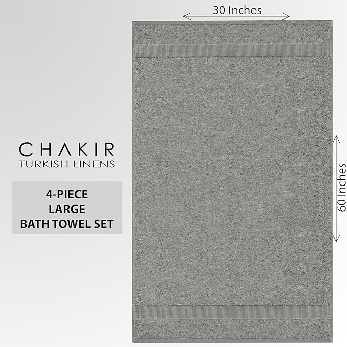 Chakir Turkish Linens 100% Cotton Premium Turkish Towels for Bathroom | 30'' x 60'' Large Bath Towels (4 Piece, Gray)