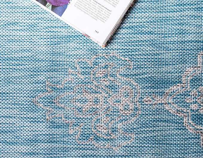 Unique Loom Outdoor Traditional Collection Area Rug - Antique (8' x 11' 4" Rectangle, Light Aqua/ Gray)