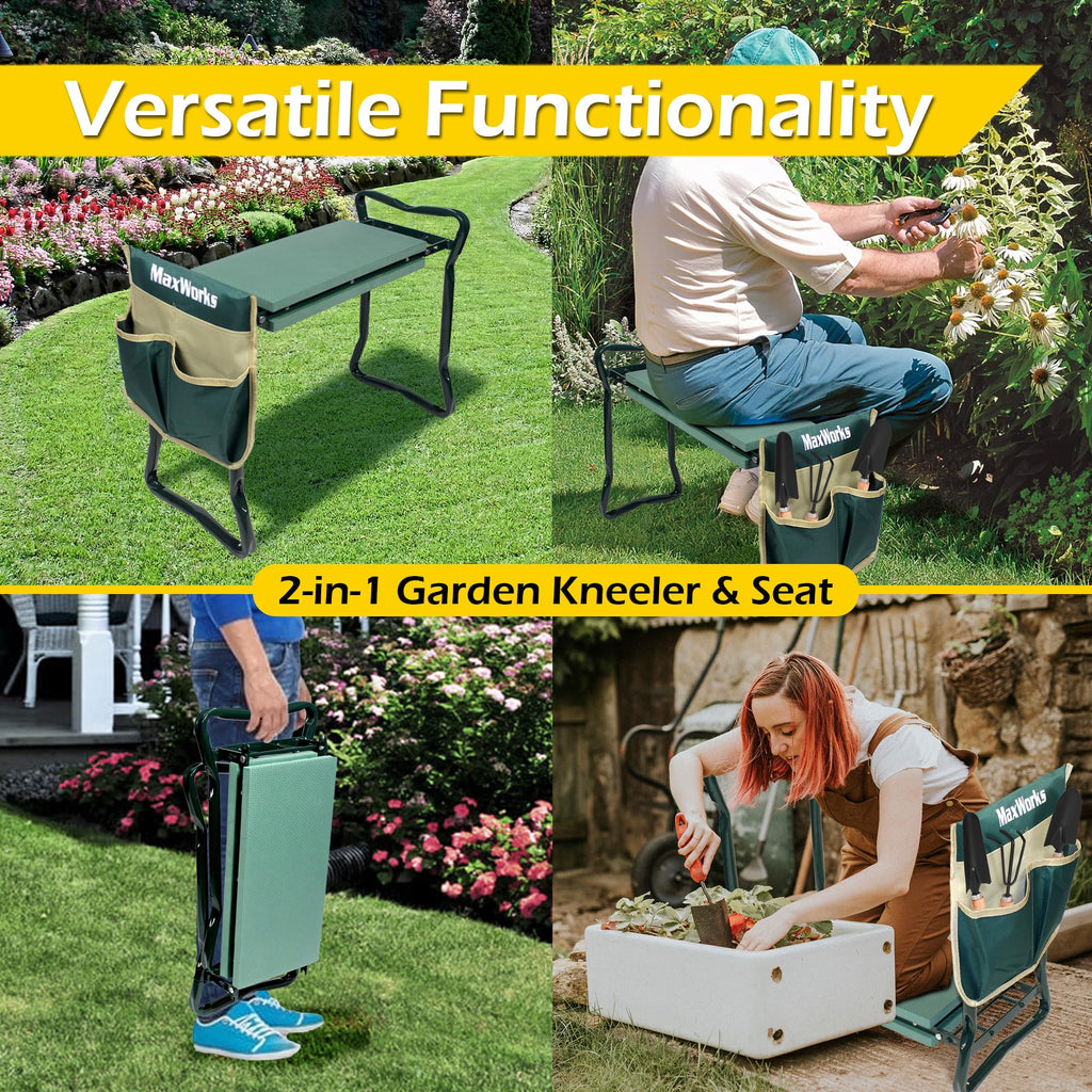 MaxWorks 50921 Folding Garden Kneeler Stool with 8 inch Wide Kneeling Pad, with 1 Tools Pouch for Planting and Gardening