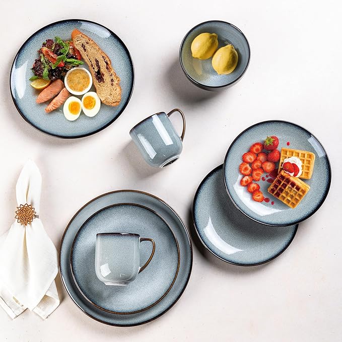 LERATIO Ceramic Dinnerware Sets for 4,16-Piece Reactive Glaze Plates and Bowls Set with Mugs,Highly Chip and Crack Resistant | Dishwasher,Microwave & Oven Safe Dishes set-Gray White