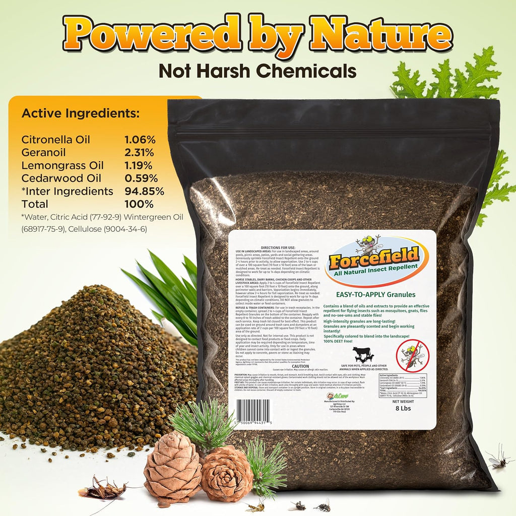 ForceField Natural Flea, Tick, Mosquito Yard Treatment - Repellent Granules for Backyard Mosquito Control | Pet Safe, DEET-Free Outdoor Control | Long-Lasting Barrier for Lawns, Patios, & Barns 8 LB
