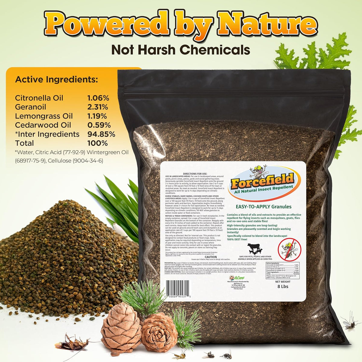 ForceField Natural Flea, Tick, Mosquito Yard Treatment - Repellent Granules for Backyard Mosquito Control | Pet Safe, DEET-Free Outdoor Control | Long-Lasting Barrier for Lawns, Patios, & Barns 8 LB