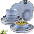 GBHOME Ceramic Dinnerware Sets for 4, 12 Pieces Stoneware Plates and Bowls Sets, Reactive Glaze Dishes -Scratch Resistant, Dishwasher&Microwave Safe-Brunnera Blue