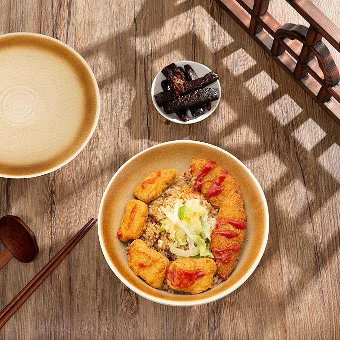 8 Inch Ceramic Ramen Bowl Set of 2, 40oz Japanese Bowls with Spoons & Chopsticks,Durable,Microwave & Dishwasher Safe,Perfect for Ramen,Pho,Salad,Soup,Noodles，Mixing bowls（Amber）