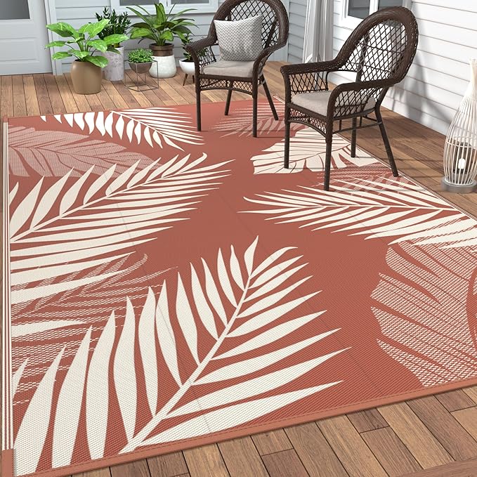 GENIMO Outdoor Rug 5' x 8' Waterproof for Patios Clearance, Reversible Plastic Straw Camping Carpet, Large Area Rugs Mats for RV, Picnic, Backyard, Deck, Balcony, Porch, Beach, Brick&Red