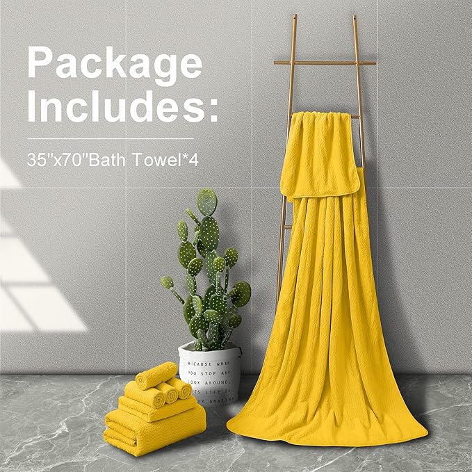 Ultra Soft Bath Towel Set of 4, Extra Large Textured Microfiber Luxury Towels 35x70 in, Quick Dry, Highly Absorbent, Fluffy, Oversized, for Bathroom Shower Pool Hotel Beach