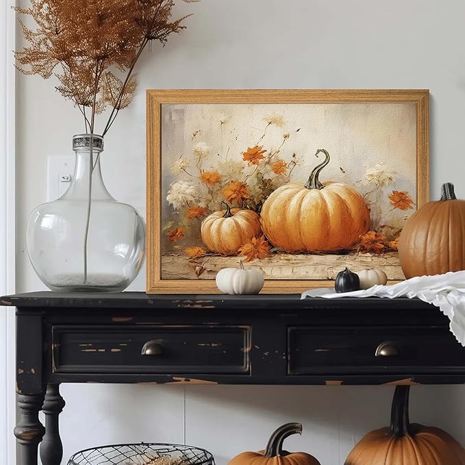 Framed Vintage Halloween Pumpkin Wall Art – 3D Texture Harvest Pumpkins Pictures Fall Wall Decor for Living Room, Rustic Autumn Pumpkin Art Prints for Kitchen, Bedroom, Home or Party – 12x16in