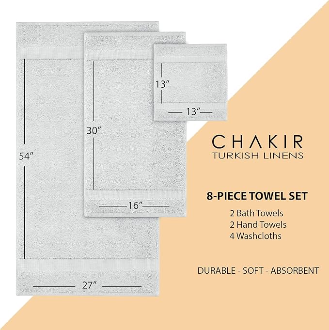 Chakir Turkish Linens | Hotel & Spa Quality 100% Cotton Premium Turkish Towels | Soft & Absorbent (8-Piece Towel Sets, Silver Gray)