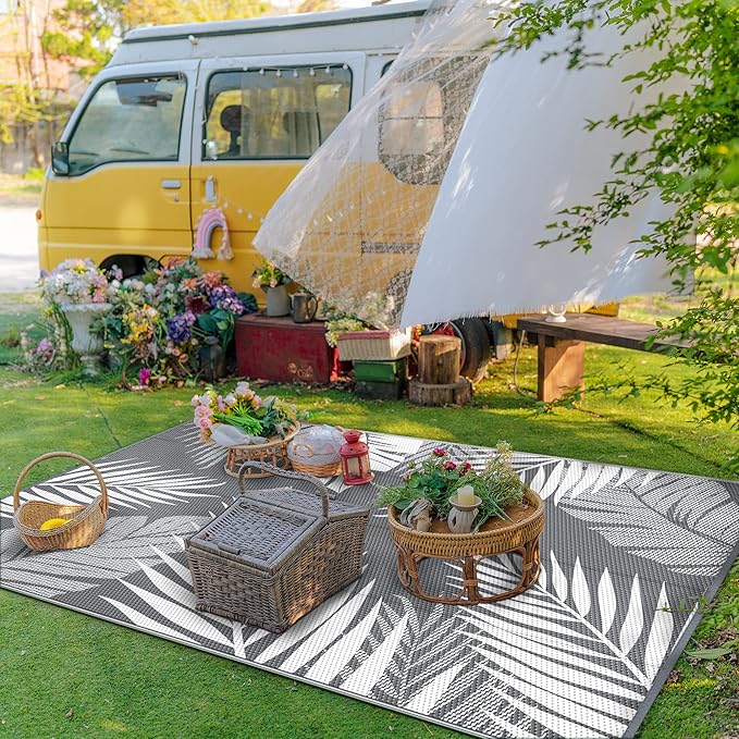 GENIMO Outdoor Rug 8' x 10' Waterproof for Patios Clearance, Reversible Plastic Straw Camping Rug Carpet, Large Area Rugs Mats for RV, Picnic, Backyard, Deck, Balcony, Porch, Beach, Grey&White