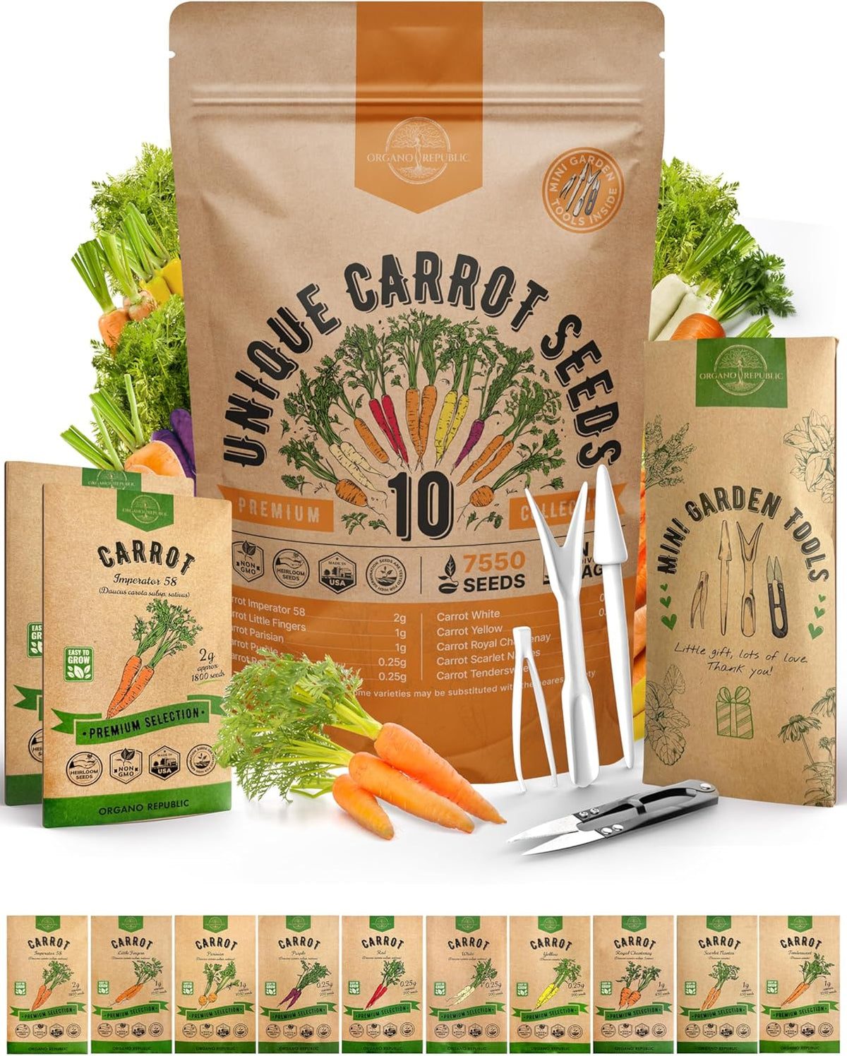 Organo Republic 10 Unique Carrot Seeds Variety Pack - 7,550+ Non-GMO Heirloom Carrot Seeds for Outdoor & Indoor Home Gardening, Including Carrot Imperator 58, Little Fingers, Scarlet Nantes, Parisian