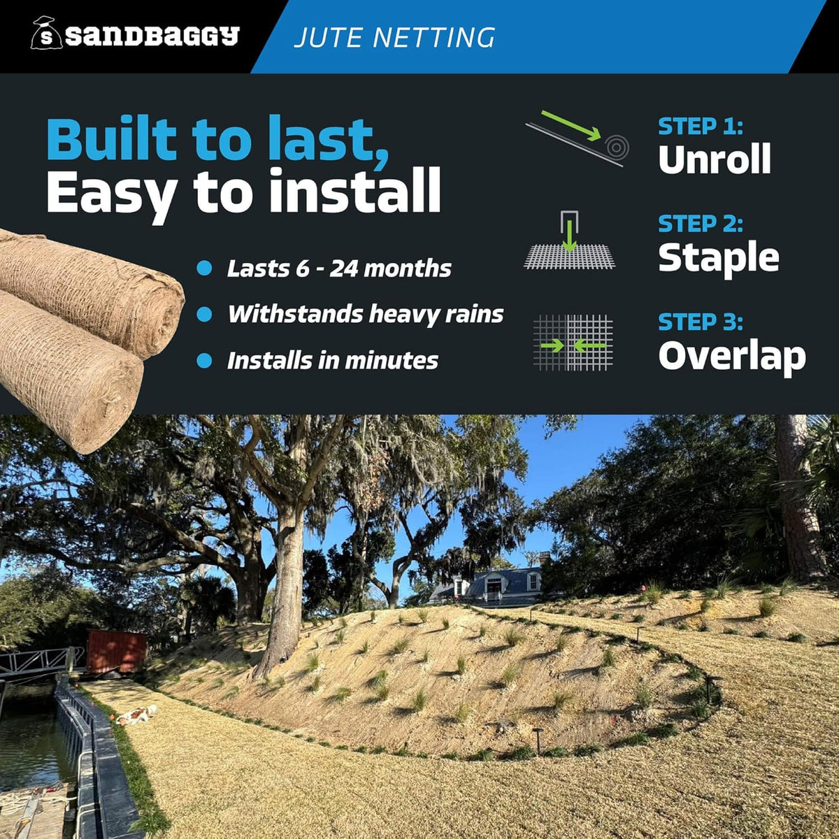 Sandbaggy Jute Netting Roll, 4 ft x 225ft - Biodegradable Erosion Control Blanket for Slopes, Hills & Drainage, Eco-Friendly, Durable Soil Stabilizer, Contractor-Approved for Landscaping (5 Rolls)