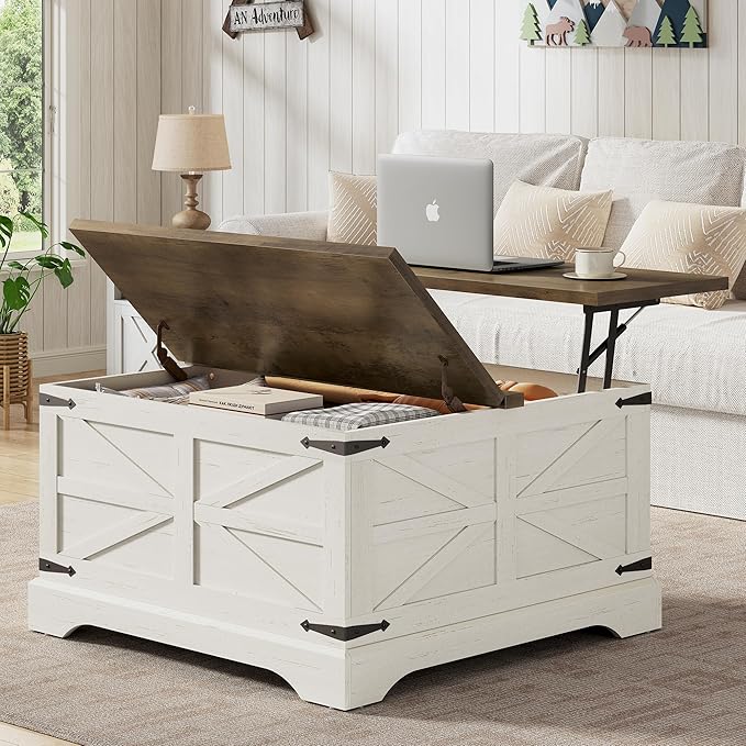 Furnideco 35.5''W Square Coffee Table Farmhouse Lift top Coffee Table with Large Hidden Storage, Wood Center Table for Living Room, Home Office, Brown Top