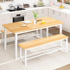 AWQM Dining Table Set with Two Benches, Kitchen Table Set for 4-6 Persons, Kitchen Table of 47.2 x 28.7 x 28.7 Inches, Bench of 41.3 x 11.8 x 17.7 Inches Each, Oak
