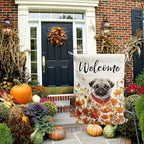 Floral Pug Garden Flag Fall Yard Flag Wildflower Dog Garden Flags Orange Autumn Lawn Flags Welcome Thanksgiving Outdoor Flags for Outside 12x18 Double Sided Small