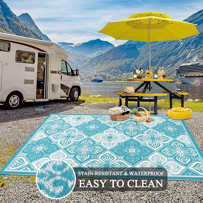 Pauwer Waterproof Outdoor Rug 6x9, Reversible Plastic Straw Patio Camping Rug, Indoor Outdoor RV Mat Carpet for Deck, Camper, Porch, Balcony, Backyard, Picnic, Clover Teal