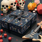 LeZakaa Day of the Dead Wrapping Paper Roll, Colorful Skeleton Dogs Cats with Flowers Music Notes Design in Navy Blue, Día de Muertos Gift Wrap for Friends, Family, Kids, Mini Roll 17 in x 16.4 Ft