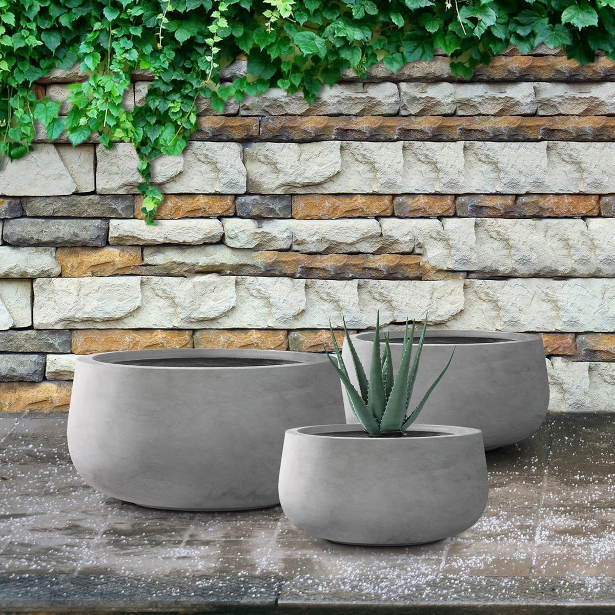 Kante 19.6",15.7",11.8" Dia Round Concrete Planters Set of 3, Outdoor Indoor Garden Plant Pots with Drainage Hole and Rubber Plug, Modern Curvaceous Design, Natural Concrete