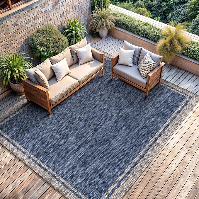 CAMILSON Indoor Outdoor Rug, 10x14 Bordered Navy Blue Gray Modern Large Area Rugs for Indoor and Outdoor Patios, Porches Waterproof Washable Porch Deck Outside Carpet (Bordered Navy, 10 x 14)