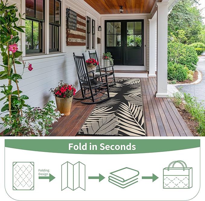 GENIMO Outdoor Rug 2.5' x 8' Waterproof for Patios Clearance, Reversible Outdoor Plastic Straw Camping Rug Carpet, Large Area Rugs Mats for RV, Camper, Deck, Balcony, Porch, Beach, Black&Beige