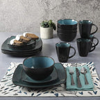 Gibson 99813.16R Elite Soho Lounge 16 Piece Reactive Glaze Dinnerware Set, Teal/Black Tutone