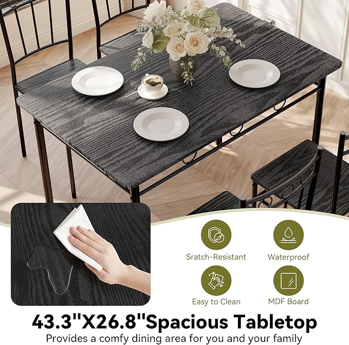 5 Piece Dining Table Set, Wood Kitchen Table and Chairs for Small Space,Breakfast Nook,Easy Assembly,Black