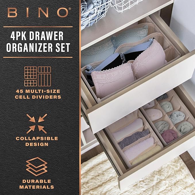 BINO 4-Pack Underwear Drawer Organizer - Beige | Sock Organizer | Drawer Organizer Dresser | Interior Drawer Organizer Storage | Dividers Dresser Drawers | Undergarment Scarf Tie Drawer Organizer